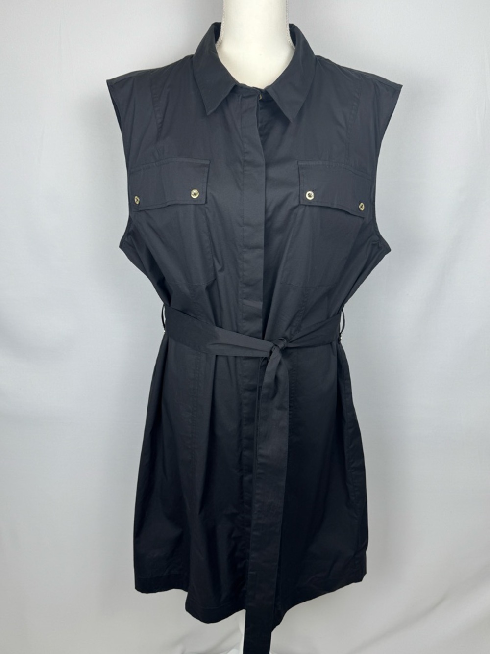 New H By Halston Black Sleeveless Shirtdress Gold Buttons Belted Size 2XL Office - Picture 2 of 11